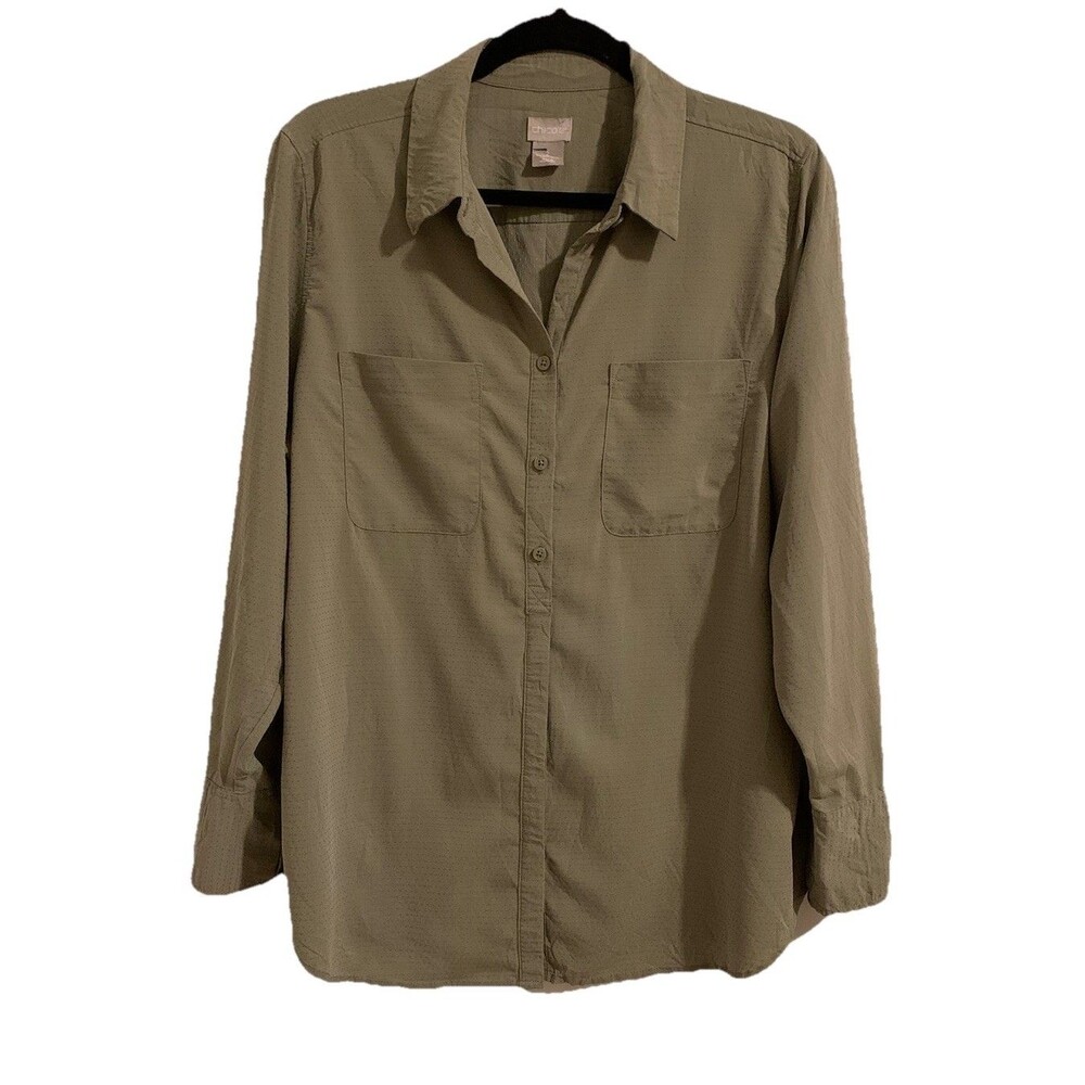 Chicos Size 2 Womens Large Top Olive Green Long Sleeve Modal Polyester Pockets
